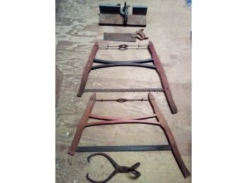 Lot Of 5 Antique Tools Including Sears Craftsman Mitre Box & Saw, Iron Block Tongs, Two 2-handled Bow Saws