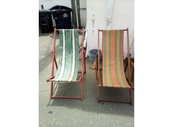 Two Beautiful Vintage Stained Wood And Striped Canvas Foldable Deck / Beach Chairs   CAVE