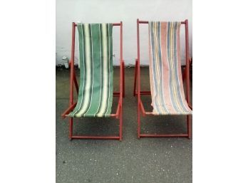 Lot 2 Two Beautiful Vintage Stained Wood And Striped Canvas Foldable Deck / Beach Chairs   CAVE