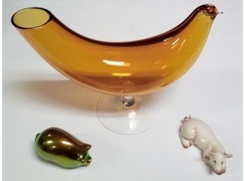 Lot Of Amber Blown Glass Bird Vase On Pedestal, Porcelain Pig, Handpainted Zsolanay Pig (PECS/Hungary) CVBK