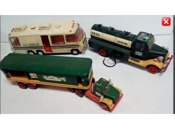 3 Vintage HESS Toy Vehicles : Gas Tanker, Training Van And 16 Wheeler Cab And Trailer Car C5