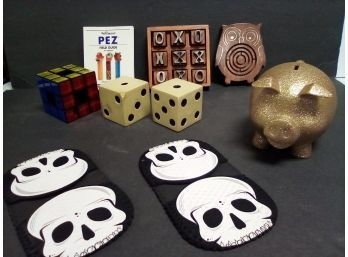 Novelty And Games, Pier 1 Wood Owl Maze With Beads PEZ Field Guide, Rubiks Revolution Cube, Old Navy Bank CVBK