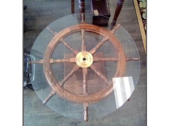 Lovely Actual Vintage Ship Wheel With Brass Center Table With A Round Glass Top   SR