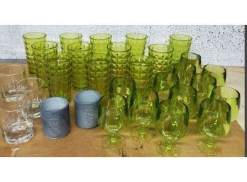 Lot Of Beautiful Green Cups And Wine Cups, And Three Whiskey Glasses, Two Bathroom Decor Cups CVV