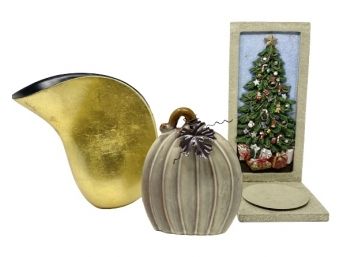 Lot Of Assorted Home Decor - Gold Vase, Pumpkin & Wall Hanging Christmas Candle Holder