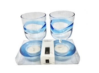 Set Of Two Blue Glasses & NEW Candle Set