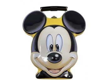 Vintage Walt Disney Mickey Mouse Face Shaped Lunch Box, Yellow Metal With Handle