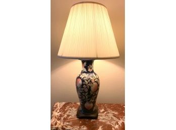 Ceramic Lamp, Made In Hong Kong, With Peach Motif, On Wood Base