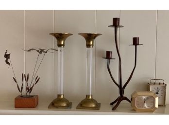 Candlesticks, Clocks, And Bird Sculpture