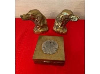 Brass: Pair Of Andrea By Sadek Dog Head Book Ends And Box With Sand Dollar Decoration