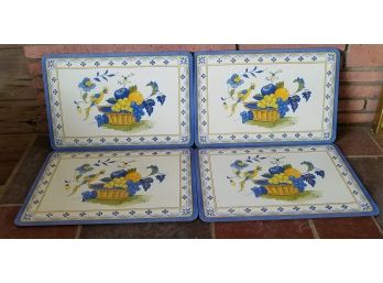 Vtg Corkboard Placemat Set Of 4 Done In Shades Of Yellow And Blue - Bird Of Paradise W Floral And Fruit Motif