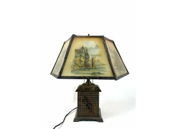 Antique - High Relief Pyramid Pattern Copper Lamp With (2) Salamander Sculptures And Glass Shades