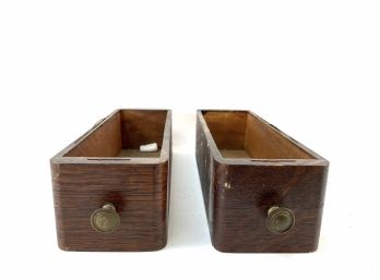 Pair Tiger Oak Sewing Cabinet Drawers With Brass Knobs