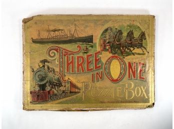 Rare - Late 1800s Milton Bradley Three In One Puzzle Box - Locomotive- Steamship - Fire Dept