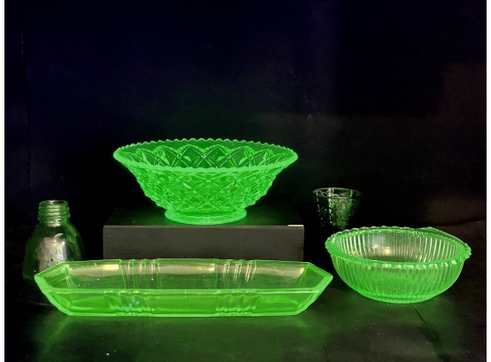 Assortment Of Vintage Green Uranium Glass Serving Pieces