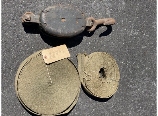 Antique Iron And Wood Industrial / Farm Pulley With Cotton Strapping