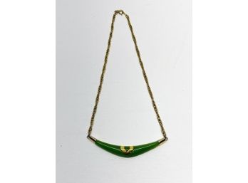 Trifari  Gold Tone Necklace With Green Enamel Bar / Horn Pendant