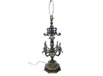 Victorian French Inspired Decorative Brass Lamp With Green Crystal Glass Accents