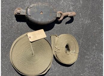 Antique Iron And Wood Industrial / Farm Pulley With Cotton Strapping
