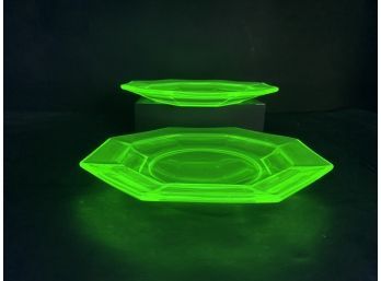 Pair Of Octagon Shape Vintage Green Uranium Glass Plates