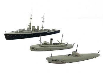 Three 1940's Handmade WWll Painted Wood Ship Models - Two Warships - One Submarine