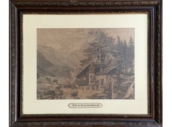 Large Antique Black Forest Framed Original Grisaille Watercolor 'Mill In The Bavarian High Forest'