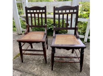 Pair Of Antique Victorian Eastlake Side Chairs With Caned Seats