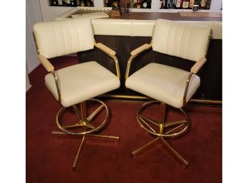 Pair #1 Of Barstools.  These MCM Faux White Leather Bar Stools Are In Great Shape.