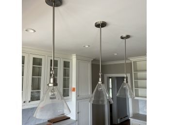 A Trio Of Savoy House Satin Nickel Pendant Fixture With Clear Glass Cone Shades - Retail $200 Each