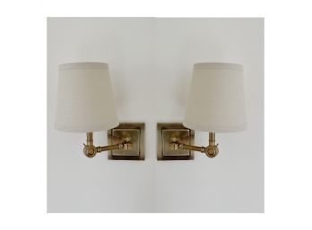 Pair Brushed Bronze Adjustable Sconces With Linen Shades