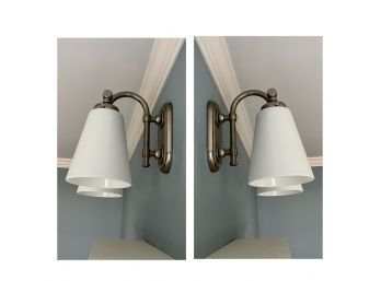 A Pair Of  Dual Light Fixture With White Glass Shade - Nickel Finish -12x11x10