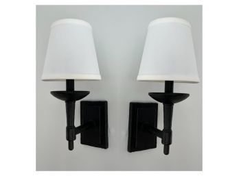 A Pair Of Black Forged Metal Wall Sconces With Linen Shades - Bedroom 4