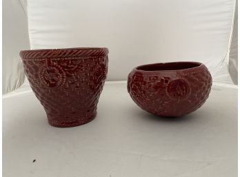 Set Of 2 Red McCoy Basket Pattern Flowerpots