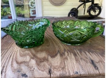 2 Green Glass Candy Dishes