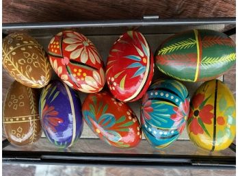 Display Case Of Painted Wooden Eggs