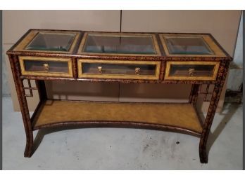 Superb Maitland Smith Hall Or Sofa Table With Leather Tops, Beveled Glass Tops & Drawer Fronts!