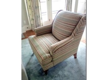 Beautiful Plush Club Chair With Soft Colored Pattern With Rolled Arms & Pickled Finish On Tapered Legs