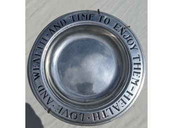 Pewter Plate With Wall Hanging 'Health, Love And Wealth And Time To Enjoy Them'