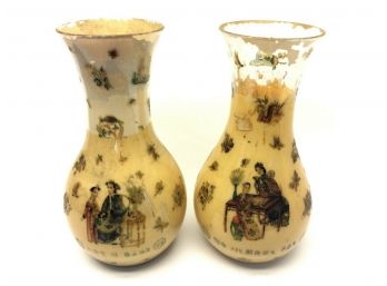 Pair Of Unusual Chinese China Hand Blown Glass Pontil Decoupage Tall Vases Decor