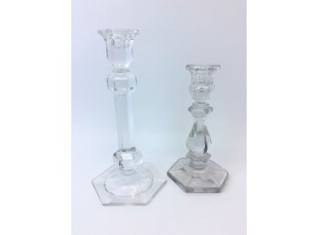 Two Glass Candlesticks Candle Holders Non-Matching Pair