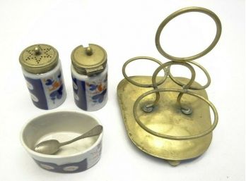 Porcelain EPNS Open Salt Stieff Spoon Salt Pepper Shakers Mustard Caddy Vintage