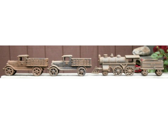 (2) Stake Trucks & Steam Train Engine With Tender Cast Iron Toys