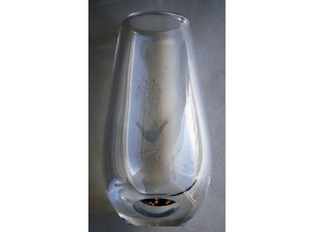 Vintage Scandinavian Blown Glass Vase With Etched Bird