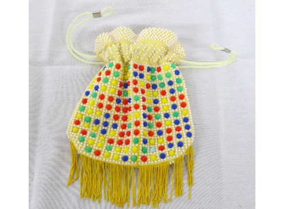Vintage 1960s/1970s Beaded Cinch String Purse - Made In Hong Kong