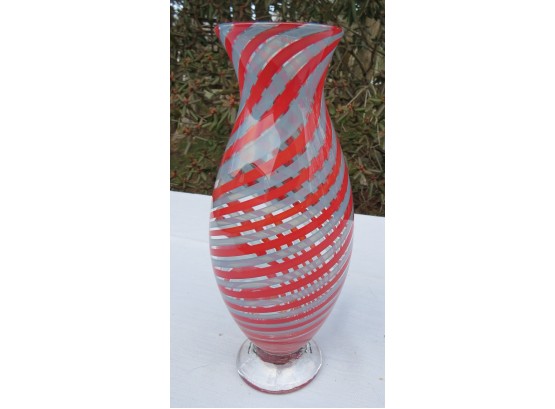 Jeff Urkin Signed Studio Glass Vase With Open Pontil, Red Swirled Candy
