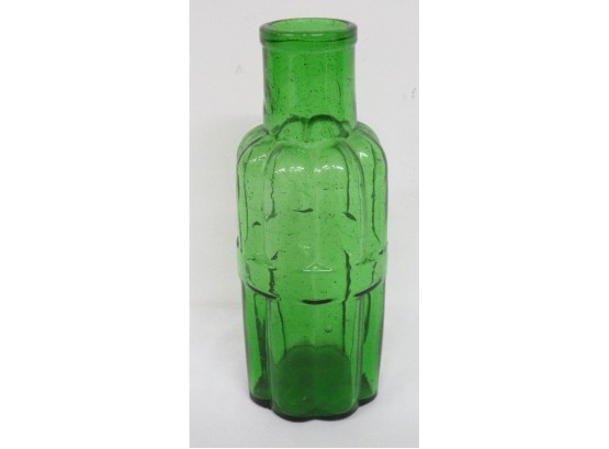 1870's-80's Eight Ribbed Cylindrical Shape Capers Or Gherkin's Bottle In Carbon Flecked Chartreuse Green