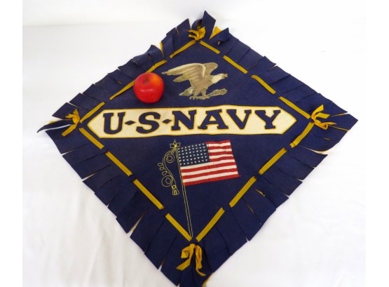 Wonderful US Navy World War II Era Felt Sewn Pillow Cover / Chair Back Cover, Blue And Gold With Eagle 48 Star