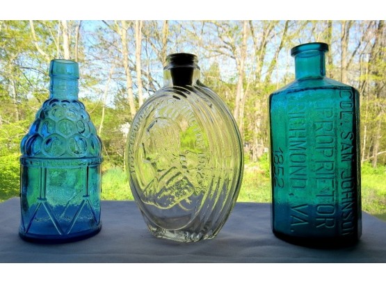 3 Big, Bright & Colorful Quart Collector Bottles - Lancasters Jaundice Bitters, George Washington, Etc.