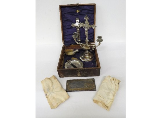 C.1900 Era Oak Cased Catholic Sick Call Kit W/cross, Shaving Brush/cup, Sacrament Tray, Brush & Death Plate