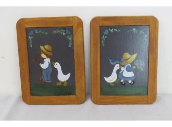 A Pair Of Hand Painted Artist Signed Amish Boy & Girl Wall Plaques